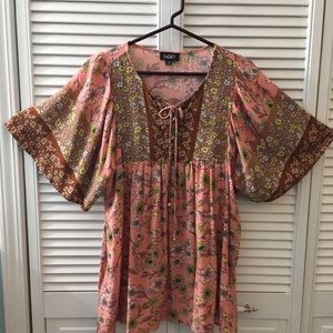 Floral mix print babydoll peasant top boho style.